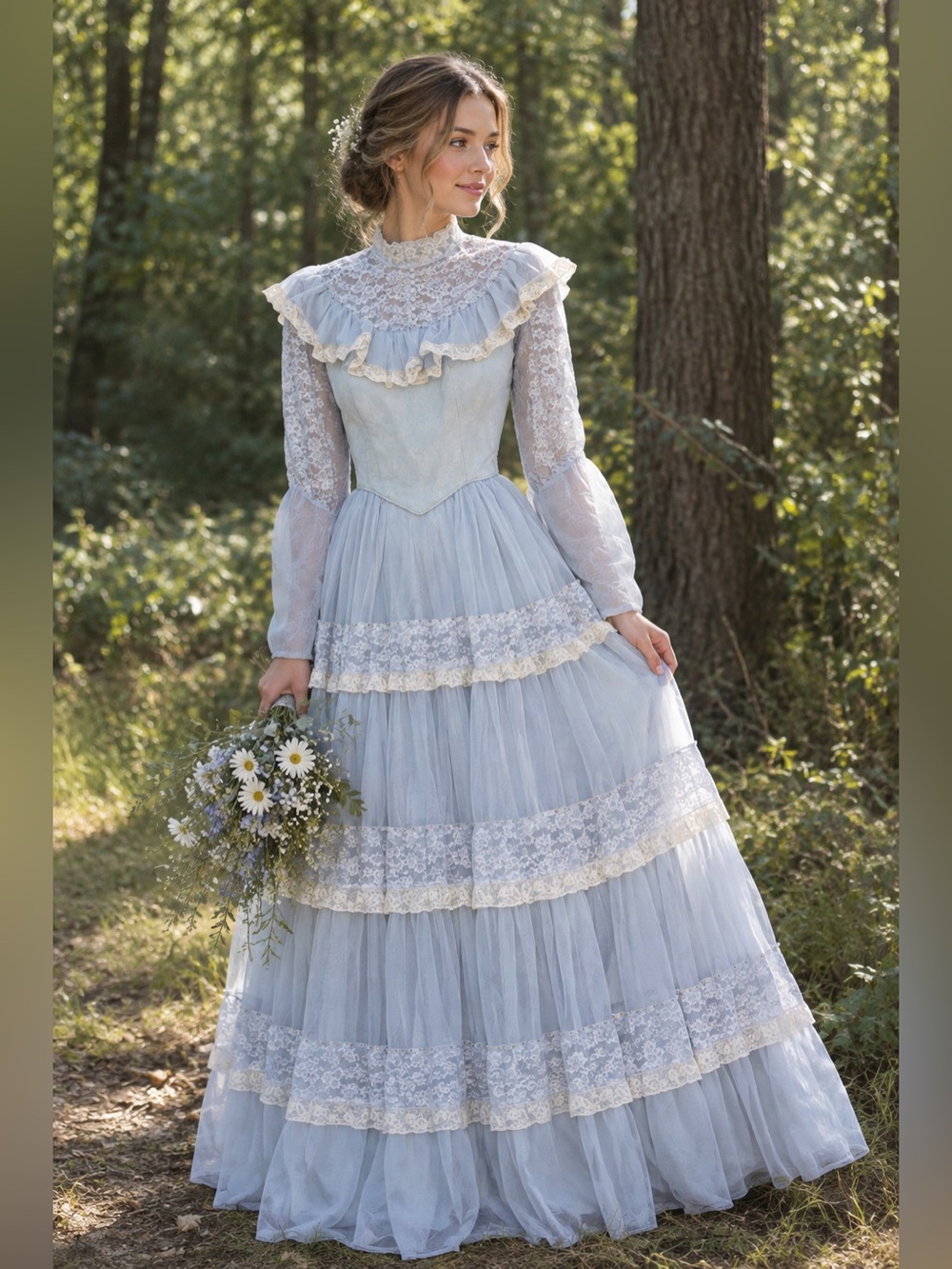 vintage 1970s Gunne Sax prairie dress pale blue tiered tulle skirt veil prairie